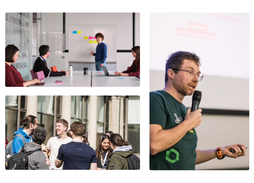 Mia‑Platform team moments: colleagues brainstorming at a whiteboard with sticky notes, a group chatting outdoors between conference sessions, and a speaker in a Mia‑Platform t-shirt presenting with a microphone